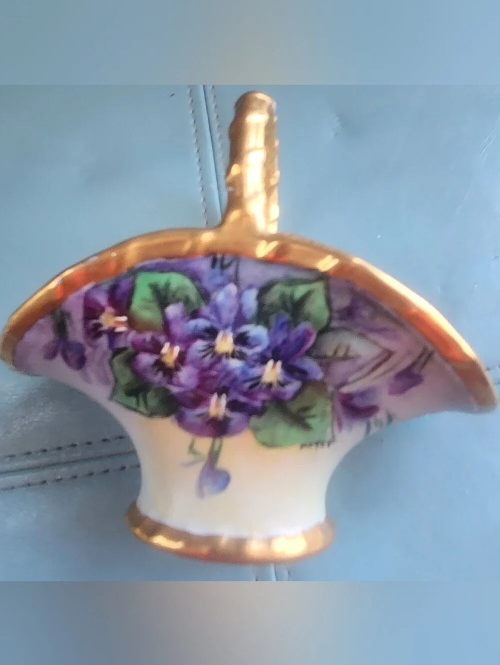 Vtg LIMOGES Purple Hand-Painted Violets Floral Porcelain Basket Gold Accents B&C